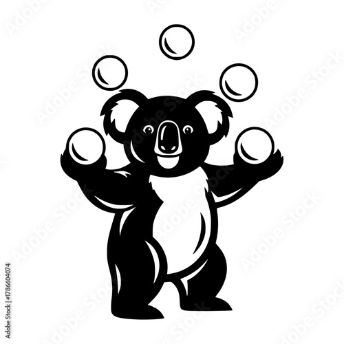 A cheerful koala gracefully juggles multiple balls, displaying incredible coordination. In this captivating illustration, the adorable koala captivates with skillful mastery. vector illustration