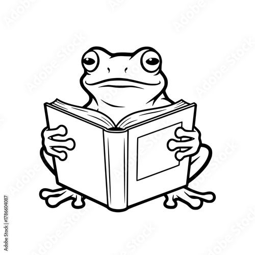 A whimsical illustration showcases a charming frog engrossed in reading, its eyes fixed on the pages, ready for imagination and knowledge. vector illustration