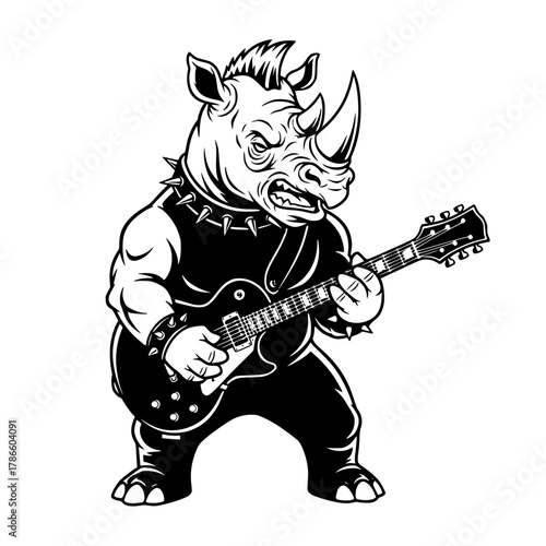 A rock and roll rhino playing an electric guitar. The illustration embodies the spirit of rock music, the rhino's facial expression reflects the energy of the music.  vector illustration