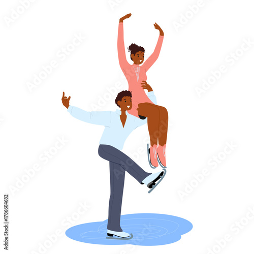 Figure ice-skaters couple dancing making ice show on rink for audience isolated on white background