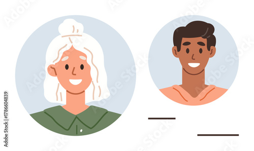 Two smiling individuals in profile circles with minimalist details and placeholders. Ideal for teamwork, diversity, online profiles, communication, networking, connection, digital platforms. Simple