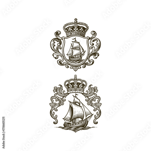 Two highly detailed vintage engraving style crests featuring an elegant sailing ship at sea, framed within elaborate ornamental shields topped by a royal crown