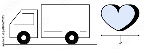 Delivery truck near a large heart symbolizing transportation, love, and customer services. Ideal for logistics, delivery solutions, sustainability, business ethics, social commitment, customer
