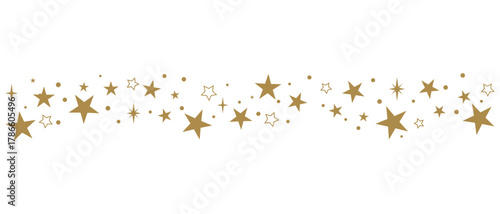 Golden star border with shiny sparkles and dots, elegant decorative divider of metallic stars for festive design, celebration, luxury background or invitation template