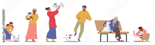 Diverse people characters of different ages playing with mechanical pets isolated set on white