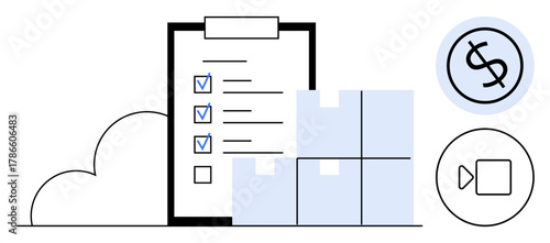 Clipboard with checklist, stacked boxes, dollar and video icons against cloud. Ideal for logistics, supply chain, e-commerce, inventory, planning management digital integration. Simple flat