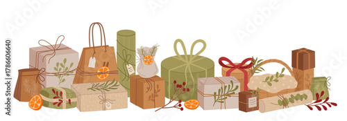 Rustic kraft gift box composition in flat green style. Holiday present and ribbon with xmas and graphic accent. Festive rustic decor, natural theme, ideal for seasonal or eco holiday concepts.