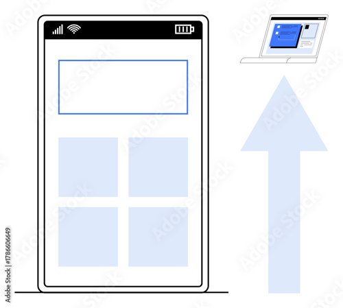Smartphone displaying UI layout with app elements, arrow connecting to desktop browser interface. Ideal for software, UX design, responsive development, connectivity, synchronization, productivity