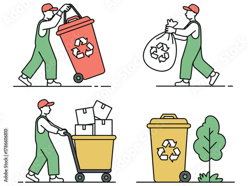 Workers collect and transport waste and recycling materials in urban settings.