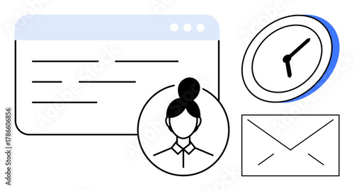 Browser window, female avatar, clock, and envelope icons suggest management, communication, and scheduling. Ideal for productivity, organization, business teamwork planning message simple flat