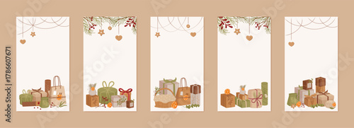 Kraft gift box bundle in flat green style. Present and package set with ribbon and bow, rustic collection for xmas decor. Vertical design, modern graphic for festive concept.