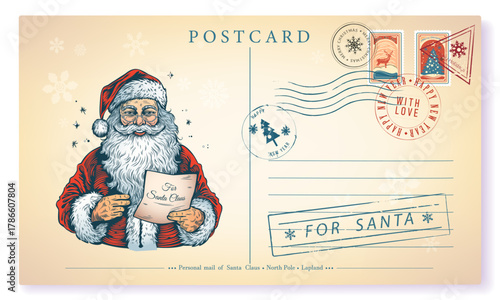 Retro-style envelope for a letter to Santa Claus, Christmas card with postage stamps and seals. Vector vintage illustration, isolated on a white background.