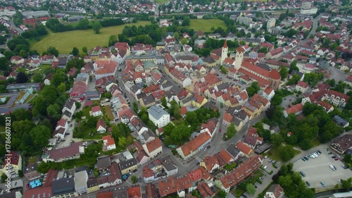 Aerial panorama view of the city and old town of Moosburg 85368, Bavaria in Germany on a sunny day in summer.