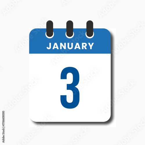 Minimalist flat blue January 3 calendar icon, perfect for UI planner or productivity layout.