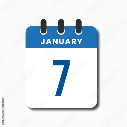 Flat blue January 7 calendar icon, clean minimalist style for planner, business, or app design.