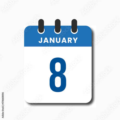 Blue flat January 8 calendar icon with minimalist vector design for planner UI or web.