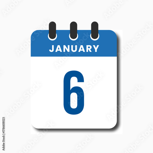 Flat vector calendar icon for January 6 with blue header, modern minimalist design for UI use.