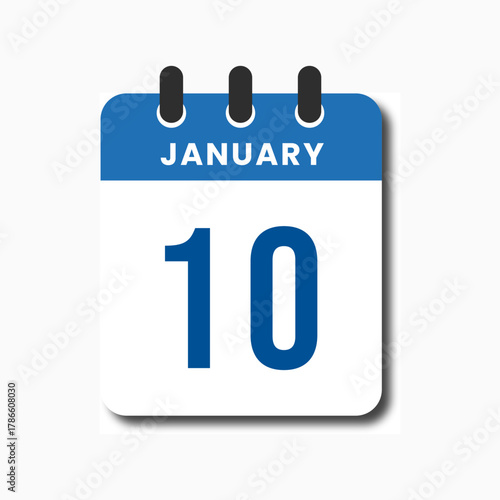 Flat blue January 10 calendar icon, modern vector symbol for date reminder and planner app.