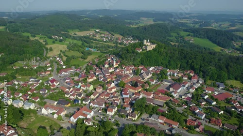 Aerial panorama view of the city and old town of Falkenstein, 93167, Bavaria in Germany on a sunny day in summer.