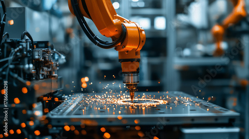 Orange Robotic Arm Precision Works With Sparks In Industrial Factory Blue Tones