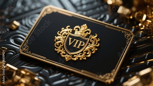shining golden vip crest on luxury dark metal texture