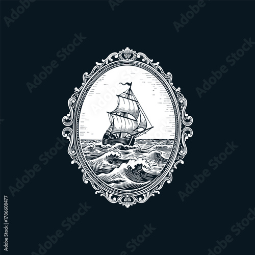 Classic vintage engraving style illustration of a sailing ship navigating rough seas and big waves, elegantly enclosed within an ornate oval baroque frame