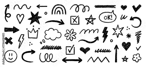 Crayon kids scribble shapes, brush lines doodle set. Pencil underlines, check marks, arrows, stars and hearts in sketch style. Hand drawn vector illustration isolated on white background