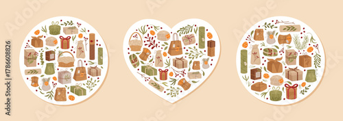 Vintage eco gift box sticker in flat drawn style with green and cardboard present decor. Kraft heart box and vintage concept design, natural patterned pack for holiday or party bundle.