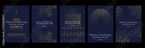 Set of five dark blue and gold sparkling Christmas and New Year greeting card designs for winter holiday celebration and festive season