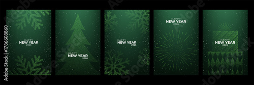 Collection of joyful Happy New Year 2026 vertical greeting cards with festive green particle designs on a dark background for holiday celebration.