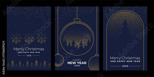Dotted christmas and New Year vector card collection with snowflake, bauble and pine tree design for holiday greeting.