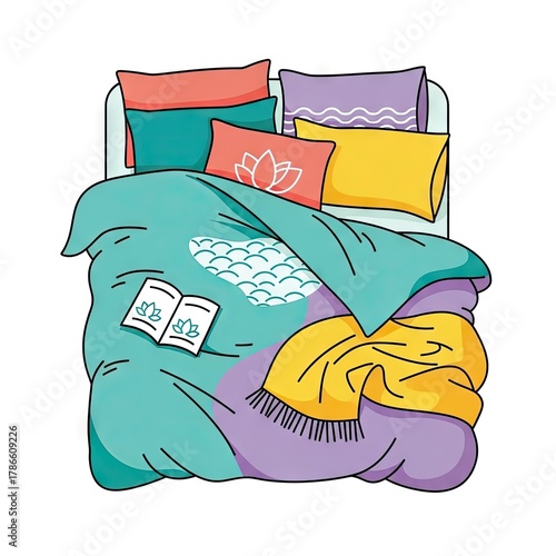 Top Down View of a Cozy Bed with Colorful Pillows and a Blanket