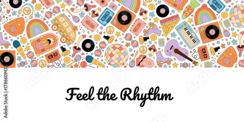 Groovy retro music festival banner poster in colorful pattern and y2k party style. Cassette and record illustration for background, playful design ideal for vibrant event or poster concepts.
