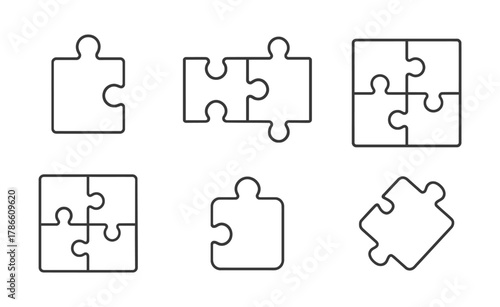 Various Outlined Jigsaw Puzzle Pieces in Different Arrangements on White