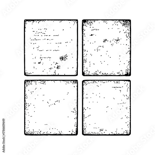 Grungy Square Shapes Arranged in a Grid with Distressed Textures and White Background