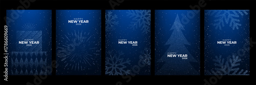 Happy New Year 2026 collection of vector designs on blue background with snowflakes, gift, christmas tree, and fireworks for web and card