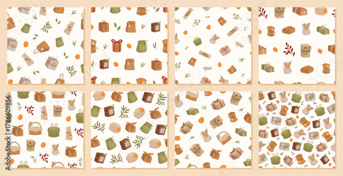 Vintage kraft eco gift box set seamless pattern. Christmas paper package with green present and box for stylish pattern background. Perfect holiday decor or craft print.