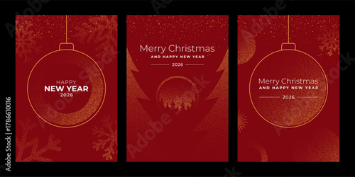 Christmas and New Year festive card set for holiday season celebration with decorative ornaments, snowflakes, and dot textured elements.