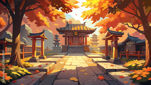 A serene Japanese temple courtyard during autumn, golden maple leaves scattered on stone pathways, traditional lanterns casting soft shadows, wooden temple walls glowing in warm sunlight, peaceful zen