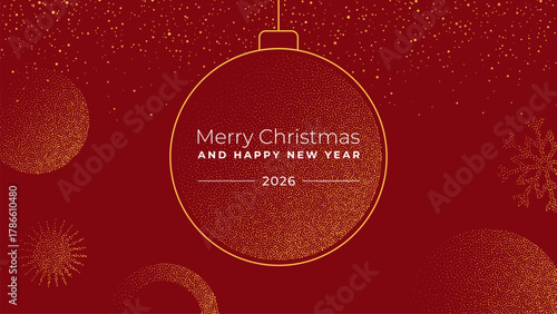 Christmas bauble with merry Christmas and happy New Year 2026 text on red background. Festive vector greeting card design.
