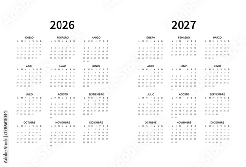 Spanish Calendar for 2026-2027. Scheduler, agenda or diary template. Week starts on Monday