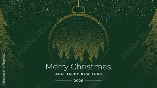Golden Christmas trees and ornament greeting card on a dark green background. Holiday winter season celebration design for Merry Christmas and Happy New Year 2026.