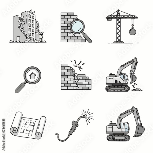 Set of construction and demolition icons, including building, excavator, crane, blueprint, and welding torch