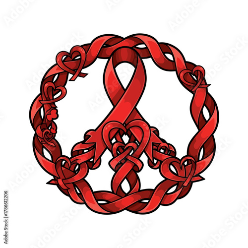 World AIDS Day Red Ribbon Peace Sign - Health Awareness, Support, and Solidarity Symbol