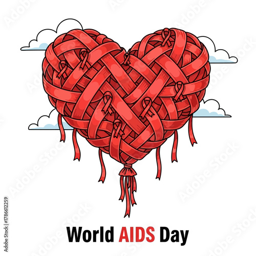 A symbolic red ribbon heart illustration for World AIDS Day, promoting health awareness and support for global health initiatives. This artwork signifies unity and compassion for health and wellness