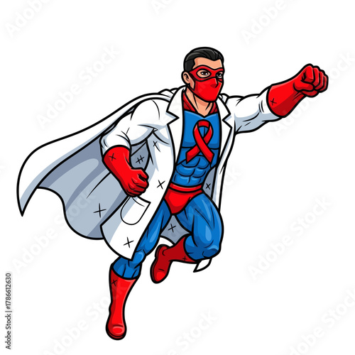 A superhero doctor champions World AIDS Day, wearing a red ribbon for health awareness, symbolizing the global fight for Health, Awareness, and Support