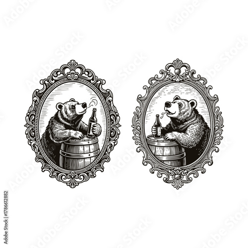 Humorous and striking vintage engraving style illustration of a serious bear leaning on a wooden barrel, holding a beer bottle