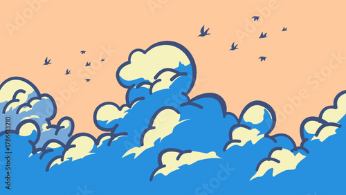 Vector illustration of clouds and birds in a pastel sky