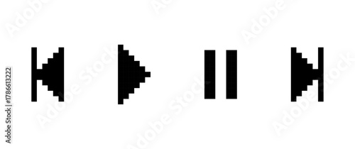 Pixel media control icons on white background, Pixel art, Vector illustration.