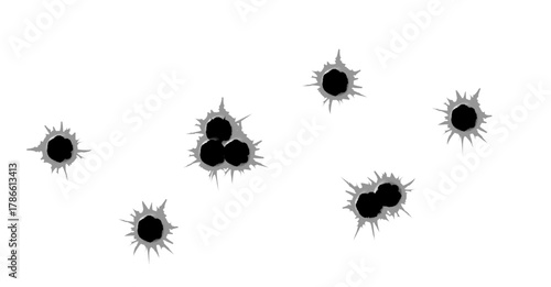 Bullet hole template. Damage and cracks on surface from bullet. Vector